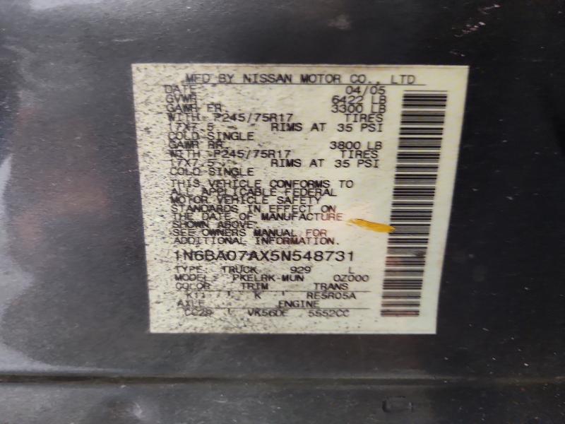 Aukcja sprzedaży 2005 Nissan Titan, vin: 1N6BA07AX5N548731, numer aukcji: 67524066