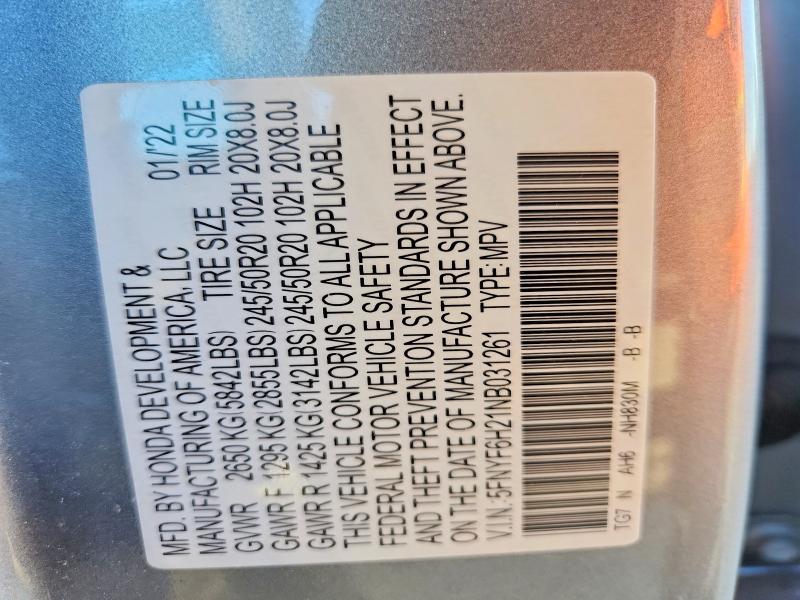 2022 Honda Pilot მანქანა იყიდება აუქციონზე, vin: 5FNYF6H21NB031261, აუქციონის ნომერი: 67417826
