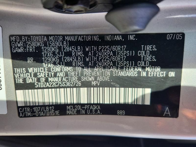 Aukcja sprzedaży 2005 Toyota Sienna, vin: 5TDZA22C75S362726, numer aukcji: 69815316