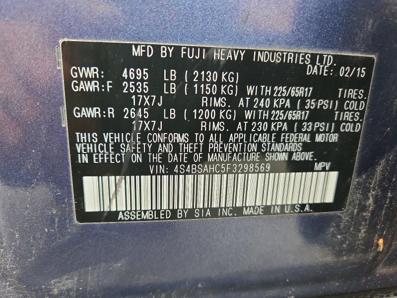 67480956 :رقم المزاد ، 4S4BSAHC5F3298569 vin ، 2015 Subaru Outback مزاد بيع