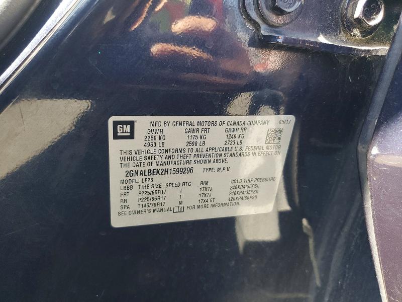70367106 :رقم المزاد ، 2GNALBEK2H1599296 vin ، 2017 Chevrolet Equinox مزاد بيع