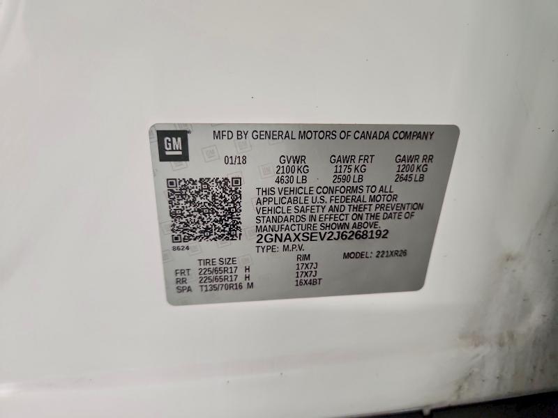 Aukcja sprzedaży 2018 Chevrolet Equinox, vin: 2GNAXSEV2J6268192, numer aukcji: 69529956