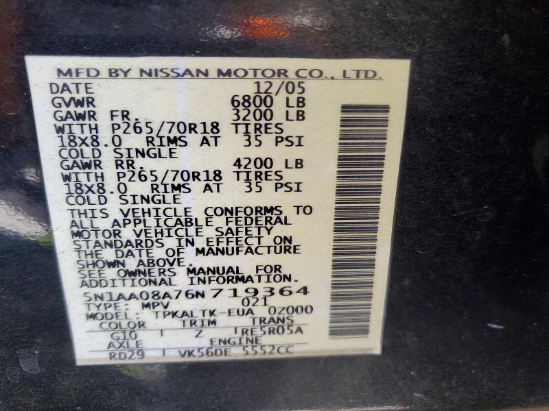 67834786 :رقم المزاد ، 5N1AA08A76N719364 vin ، 2006 Nissan Armada مزاد بيع