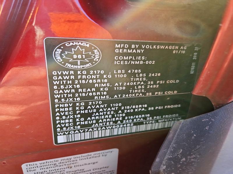 69699166 :رقم المزاد ، WVGAV7AX2AW002482 vin ، 2010 Volkswagen Tiguan مزاد بيع