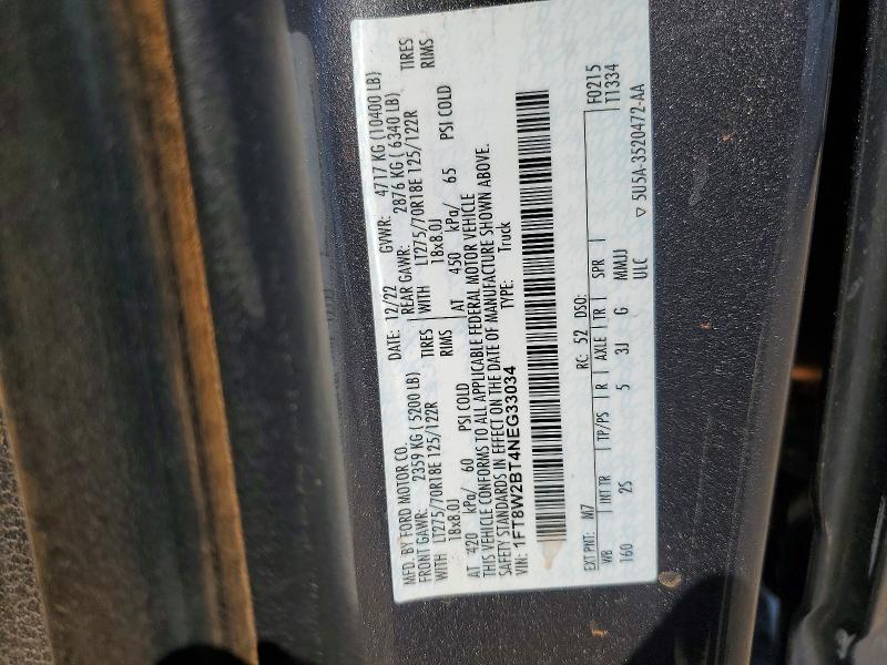 2022 Ford F250 მანქანა იყიდება აუქციონზე, vin: 1FT8W2BT4NEG33034, აუქციონის ნომერი: 67292296