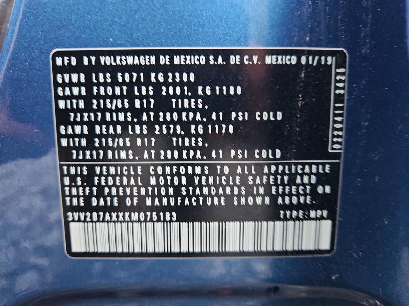 Aukcja sprzedaży 2019 Volkswagen Tiguan, vin: 3VV2B7AXXKM075183, numer aukcji: 70276686