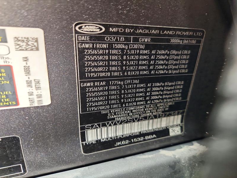 70804566 :رقم المزاد ، SALWV2SV5JA197347 vin ، 2018 Land Rover Range Rover Sport مزاد بيع