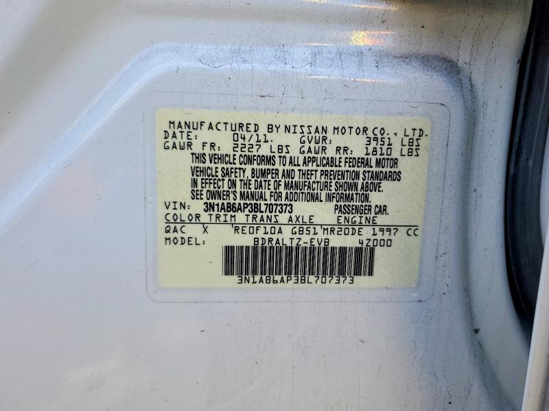 2011 Nissan Sentra მანქანა იყიდება აუქციონზე, vin: 3N1AB6AP3BL707373, აუქციონის ნომერი: 68673336