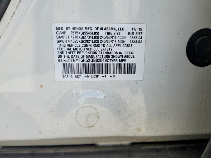 Aukcja sprzedaży 2016 Honda Pilot, vin: 5FNYF5H5XGB020492, numer aukcji: 67908276