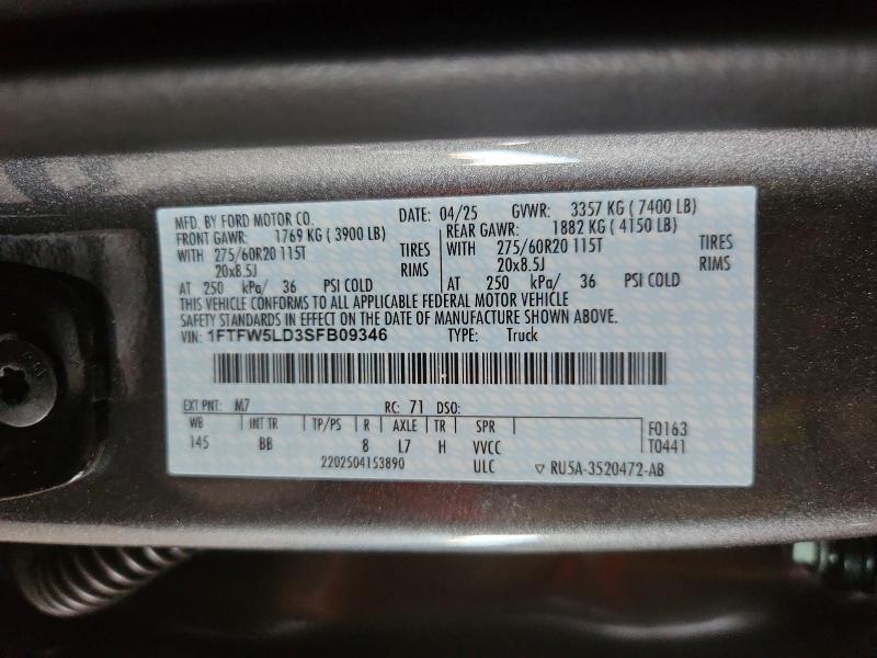 Aukcja sprzedaży 2025 Ford F150, vin: 1FTFW5LD3SFB09346, numer aukcji: 69048656