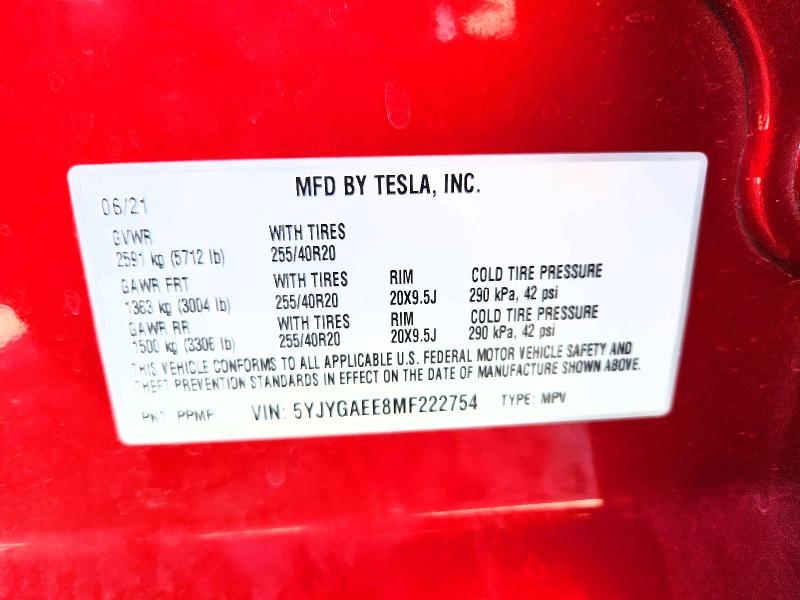 Продаж на аукціоні авто 2021 Tesla Model Y, vin: 5YJYGAEE8MF222754, номер лоту: 69914776