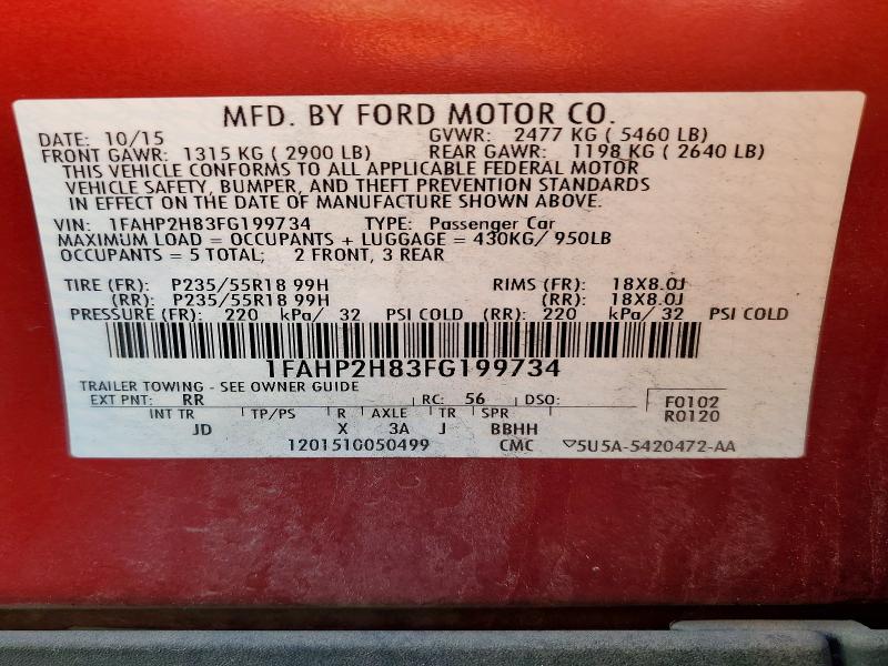 2015 Ford Taurus მანქანა იყიდება აუქციონზე, vin: 1FAHP2H83FG199734, აუქციონის ნომერი: 67521096