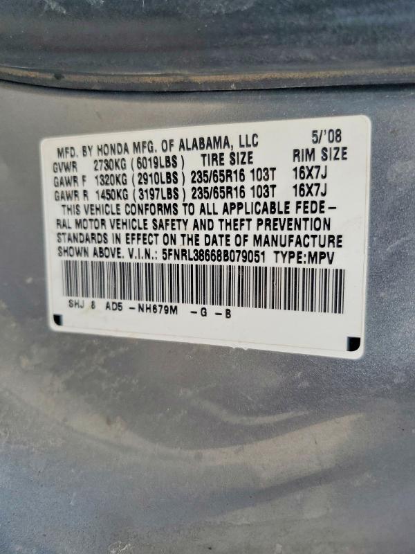 2008 Honda Odyssey მანქანა იყიდება აუქციონზე, vin: 5FNRL38668B079051, აუქციონის ნომერი: 68015076