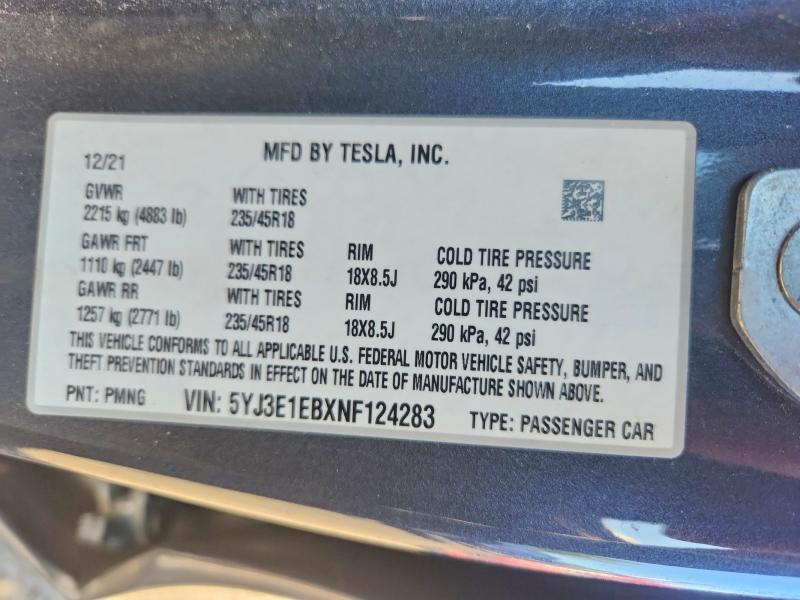 Aukcja sprzedaży 2022 Tesla Model 3, vin: 5YJ3E1EBXNF124283, numer aukcji: 68767816