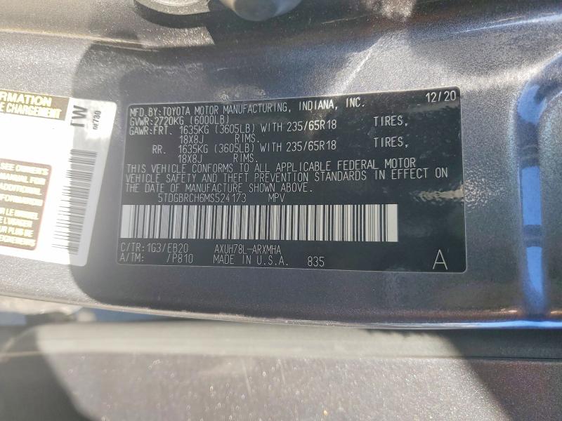 69815896 :رقم المزاد ، 5TDGBRCH6MS524173 vin ، 2021 Toyota Highlander مزاد بيع