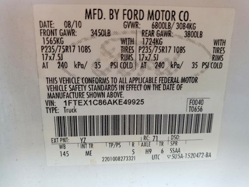 Продаж на аукціоні авто 2010 Ford F150, vin: 1FTEX1C86AKE49925, номер лоту: 69978036