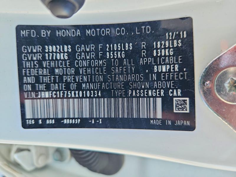69739226 :رقم المزاد ، JHMFC1F75KX010334 vin ، 2019 Honda Civic مزاد بيع