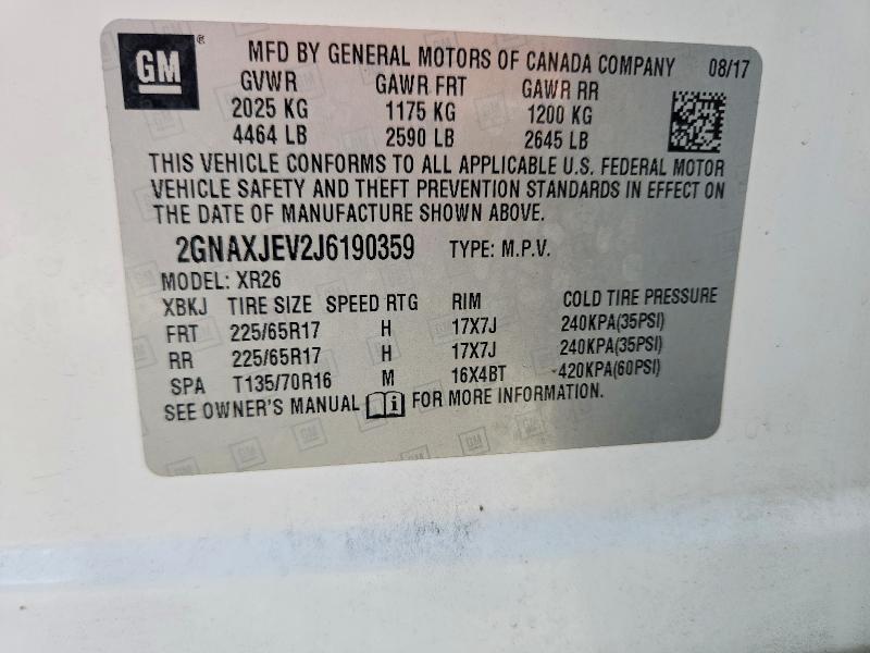 Aukcja sprzedaży 2018 Chevrolet Equinox, vin: 2GNAXJEV2J6190359, numer aukcji: 70019496