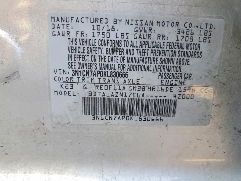 Aukcja sprzedaży 2019 Nissan Versa, vin: 3N1CN7AP0KL830666, numer aukcji: 65962686