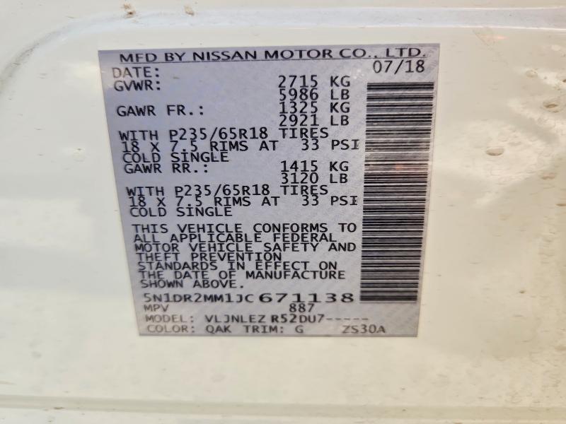 2018 Nissan Pathfinder მანქანა იყიდება აუქციონზე, vin: 5N1DR2MM1JC671138, აუქციონის ნომერი: 65966966
