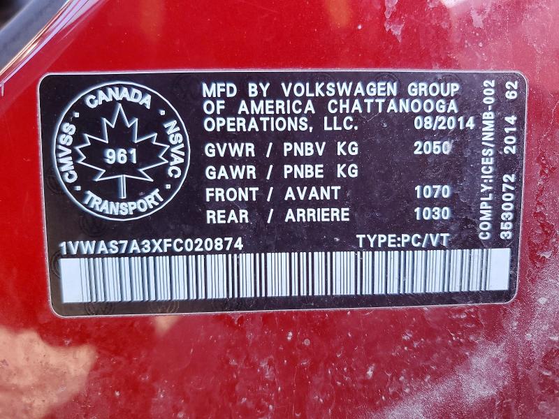 67966786 :رقم المزاد ، 1VWAS7A3XFC020874 vin ، 2015 Volkswagen Passat مزاد بيع
