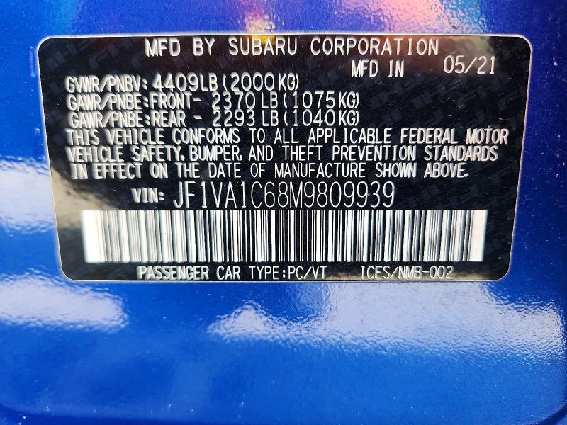 69698036 :رقم المزاد ، JF1VA1C68M9809939 vin ، 2021 Subaru Wrx مزاد بيع