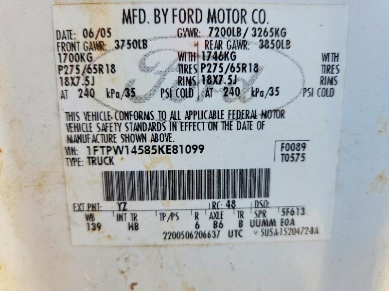 Aukcja sprzedaży 2005 Ford F150, vin: 1FTPW14585KE81099, numer aukcji: 68940036