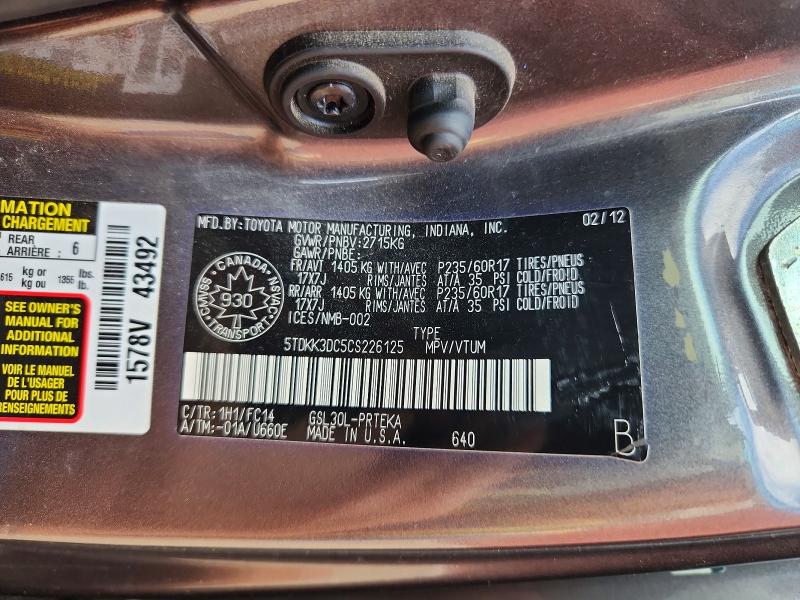 Aukcja sprzedaży 2012 Toyota Sienna, vin: 5TDKK3DC5CS226125, numer aukcji: 67777216