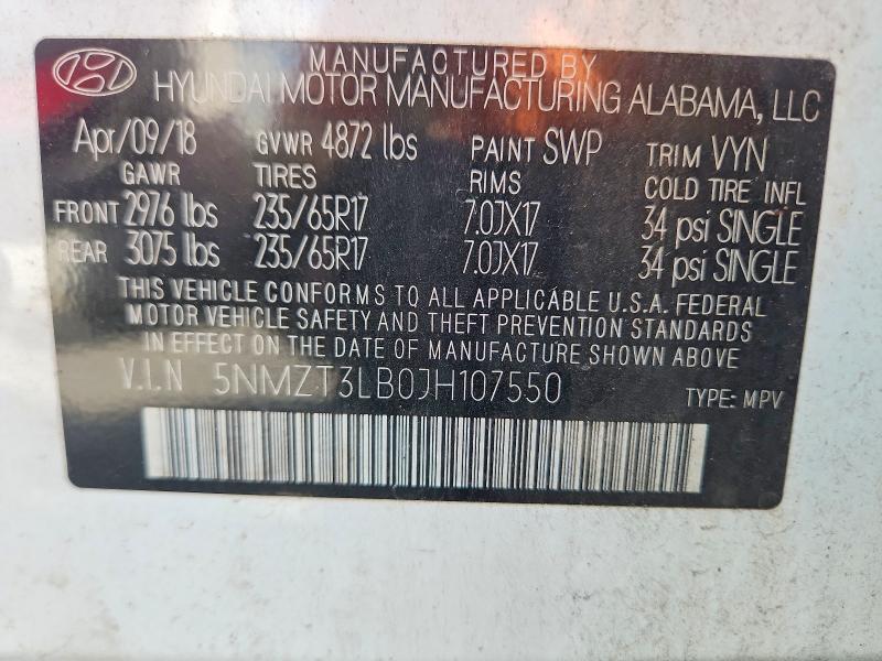 66922426 :رقم المزاد ، 5NMZT3LB0JH107550 vin ، 2018 Hyundai Santa Fe Sport مزاد بيع