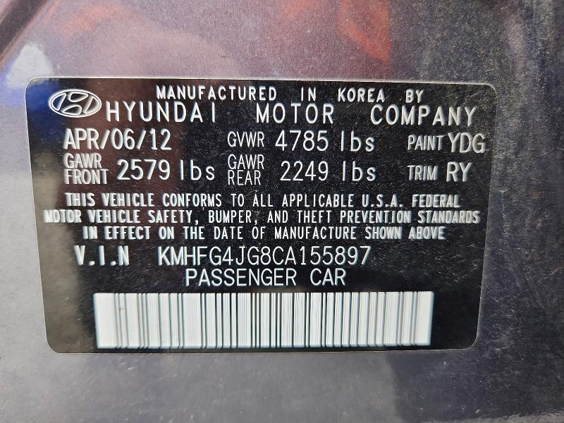 Продаж на аукціоні авто 2012 Hyundai Azera, vin: KMHFG4JG8CA155897, номер лоту: 66132076