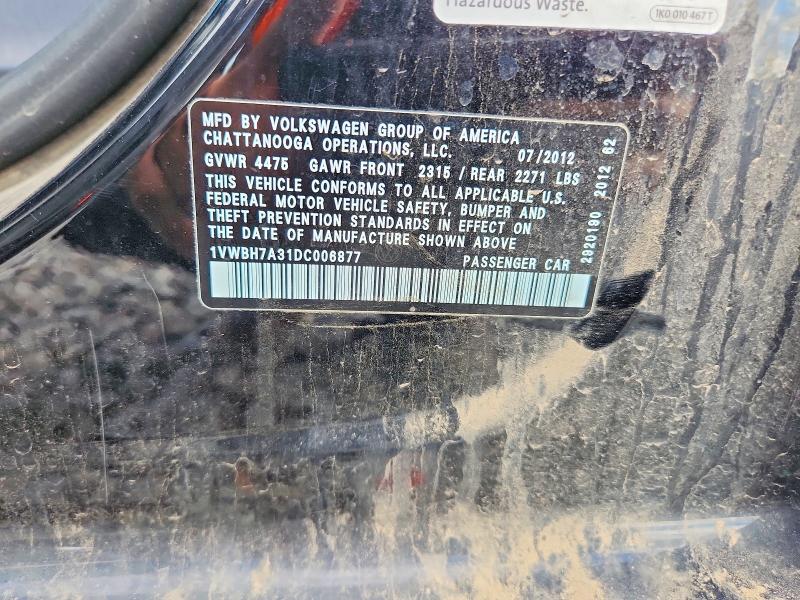 69769156 :رقم المزاد ، 1VWBH7A31DC006877 vin ، 2013 Volkswagen Passat مزاد بيع