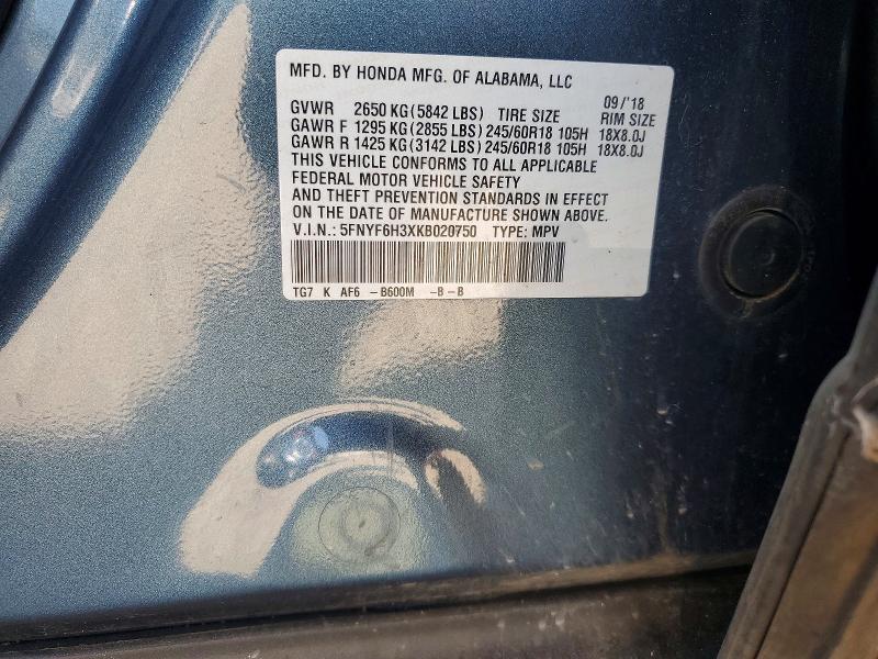 Продаж на аукціоні авто 2019 Honda Pilot, vin: 5FNYF6H3XKB020750, номер лоту: 68053986