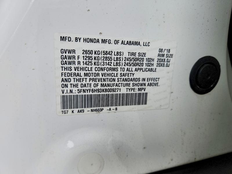 2019 Honda Pilot მანქანა იყიდება აუქციონზე, vin: 5FNYF6H93KB009271, აუქციონის ნომერი: 69985876