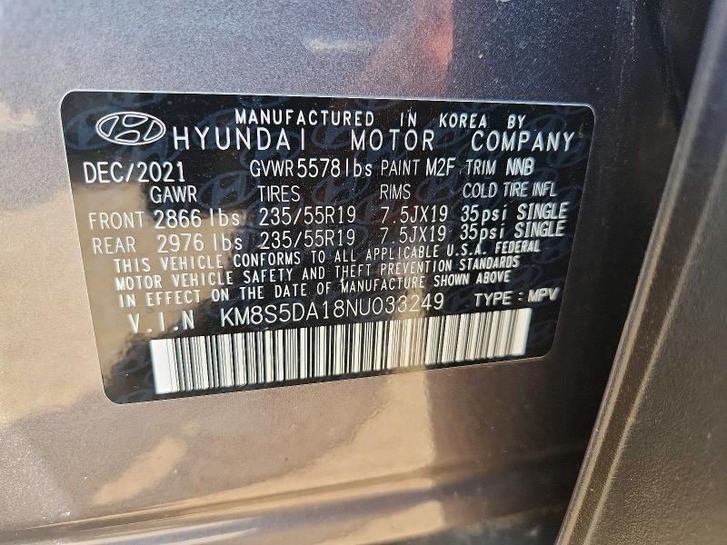 Продажа на аукционе авто 2022 Hyundai Santa Fe, vin: KM8S5DA18NU033249, номер лота: 67241826