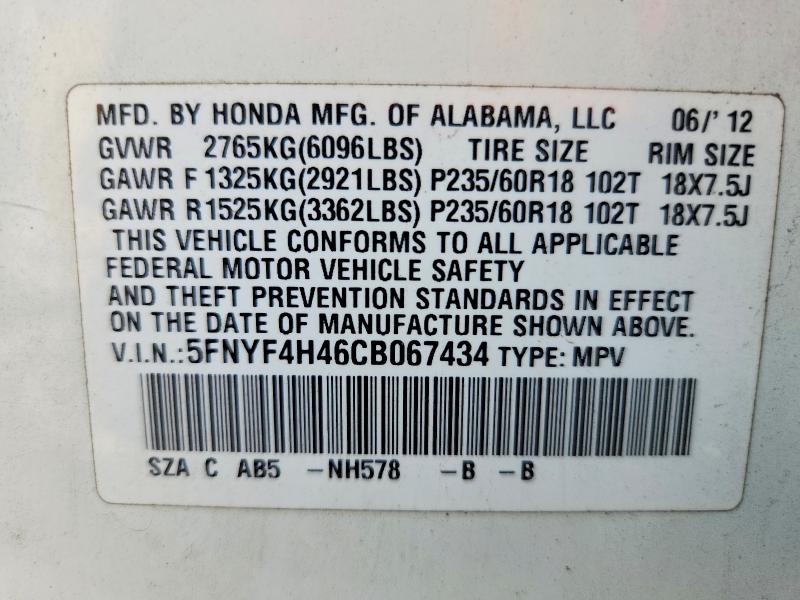 2012 Honda Pilot მანქანა იყიდება აუქციონზე, vin: 5FNYF4H46CB067434, აუქციონის ნომერი: 67861386