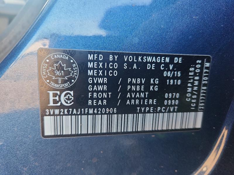 2015 Volkswagen Jetta მანქანა იყიდება აუქციონზე, vin: 3VW2K7AJ1FM420906, აუქციონის ნომერი: 69194406