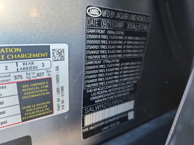 Aukcja sprzedaży 2022 Land Rover Range Rover Sport, vin: SALWR2SU9NA211560, numer aukcji: 70408436