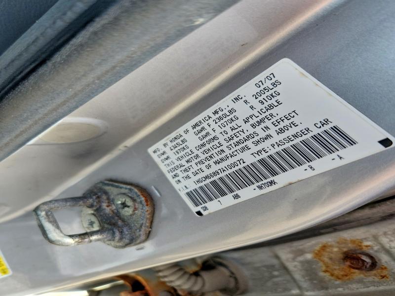 70297106 :رقم المزاد ، 1HGCM66897A100072 vin ، 2007 Honda Accord مزاد بيع