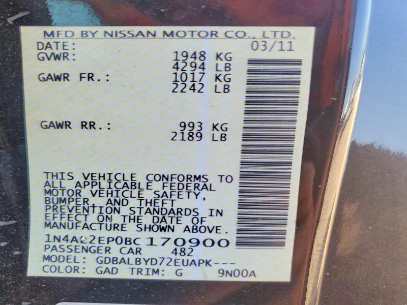 2011 Nissan Altima მანქანა იყიდება აუქციონზე, vin: 1N4AL2EP0BC170900, აუქციონის ნომერი: 69510116