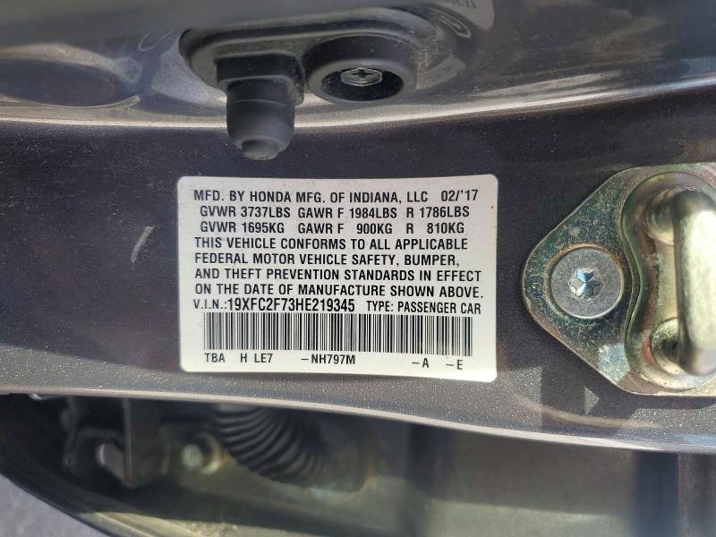 67596726 :رقم المزاد ، 19XFC2F73HE219345 vin ، 2017 Honda Civic مزاد بيع