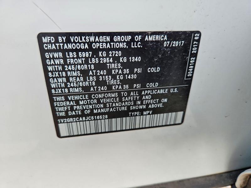 Продажа на аукционе авто 2018 Volkswagen Atlas, vin: 1V2GR2CA8JC516528, номер лота: 69251486