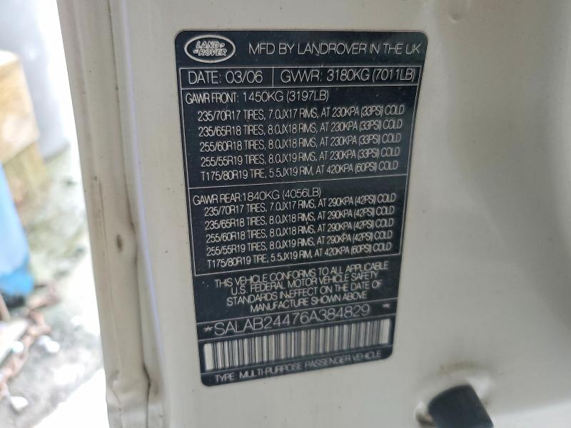 70259646 :رقم المزاد ، SALAB24476A384829 vin ، 2006 Land Rover Lr3 مزاد بيع