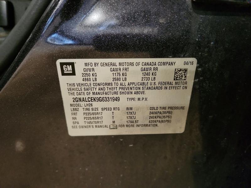2016 Chevrolet Equinox მანქანა იყიდება აუქციონზე, vin: 2GNALCEK9G6331949, აუქციონის ნომერი: 67779686