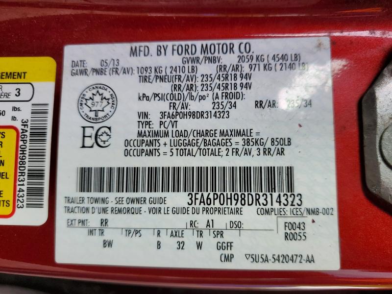 Auction sale of the 2013 Ford Fusion, vin: 3FA6P0H98DR314323, lot number: 69231746