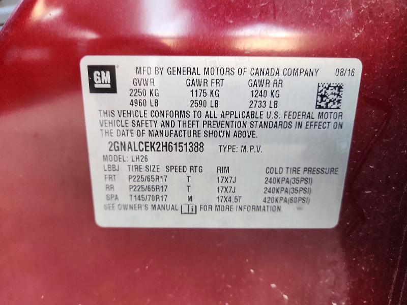 68515816 :رقم المزاد ، 2GNALCEK2H6151388 vin ، 2017 Chevrolet Equinox مزاد بيع