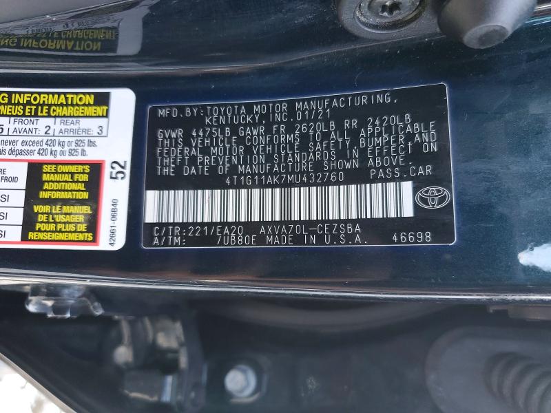 Продаж на аукціоні авто 2021 Toyota Camry, vin: 4T1G11AK7MU432760, номер лоту: 70724536