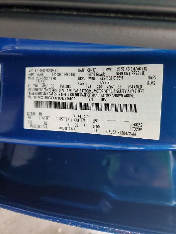 2017 Ford Escape მანქანა იყიდება აუქციონზე, vin: 1FMCU9GD3HUE89492, აუქციონის ნომერი: 67831816