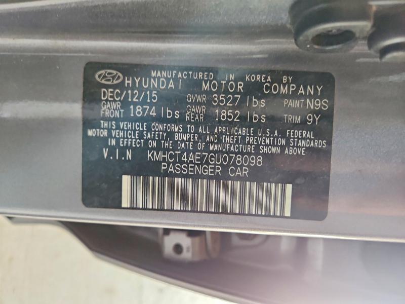 69232286 :رقم المزاد ، KMHCT4AE7GU078098 vin ، 2016 Hyundai Accent مزاد بيع
