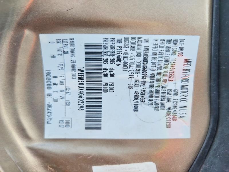 2004 Mercury Sable მანქანა იყიდება აუქციონზე, vin: 1MEFM50UX4G602298, აუქციონის ნომერი: 68419506