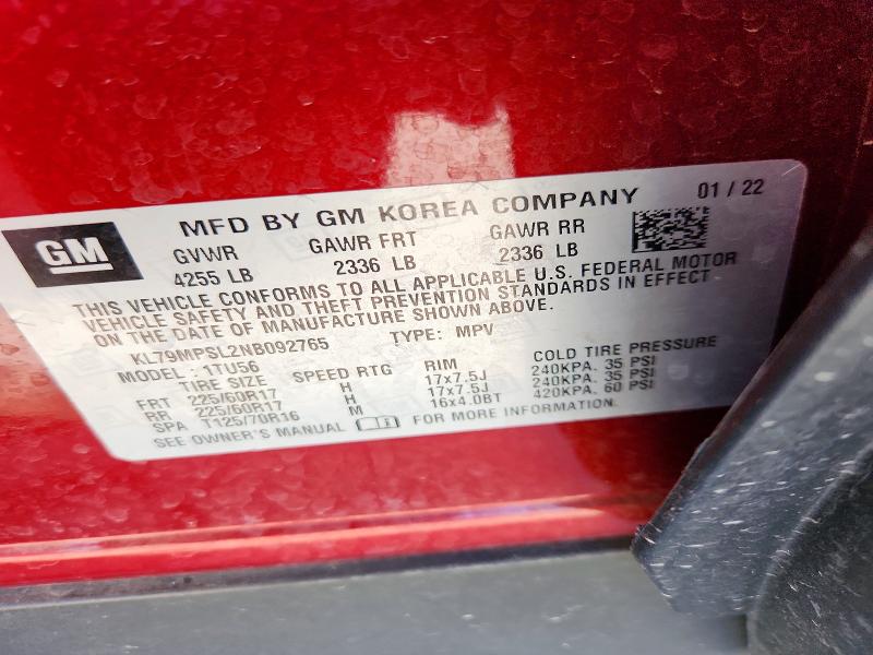 2022 Chevrolet Trailblazer მანქანა იყიდება აუქციონზე, vin: KL79MPSL2NB092765, აუქციონის ნომერი: 67376886